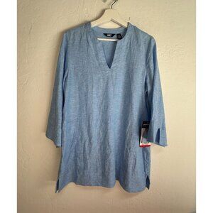 Lands' End Womens Blue Linen Blend Split Neck 3/4 Sleeve Tunic Top Medium NWD
